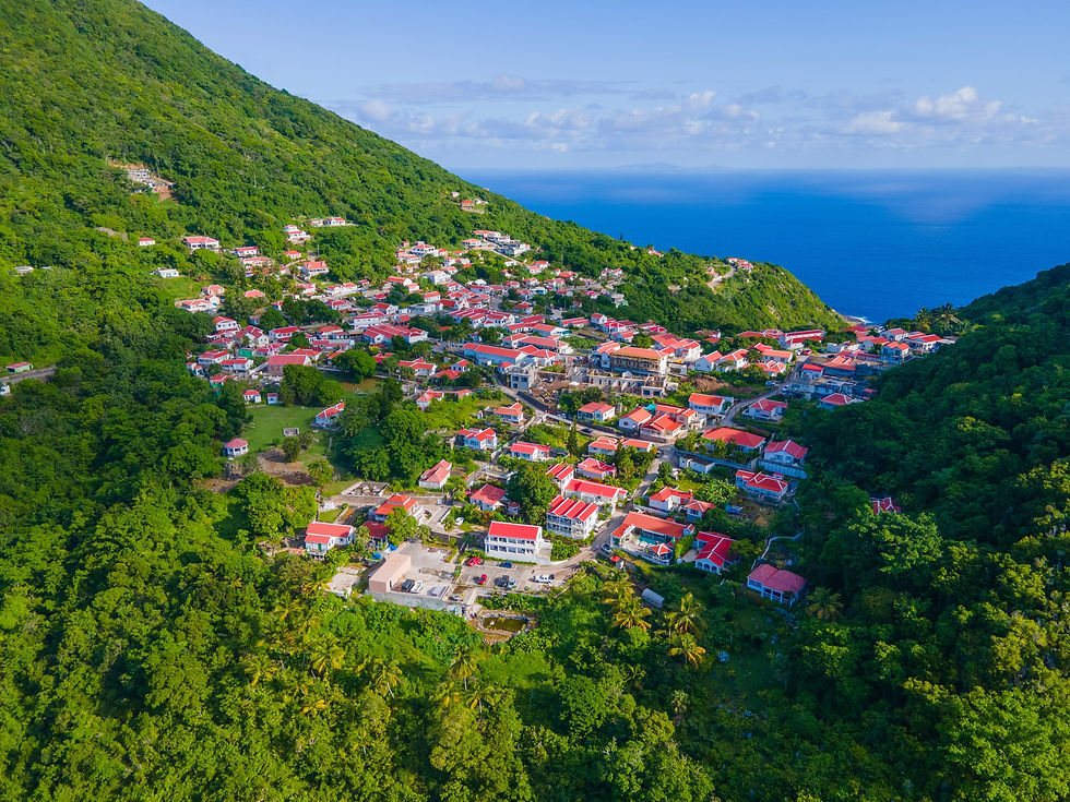 Aerial view of a red-roofed hillside village surrounded by lush green mountains and blue ocean under a clear sky.