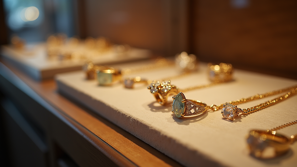 High angle view of a jewellery display featuring various handmade rings and necklaces