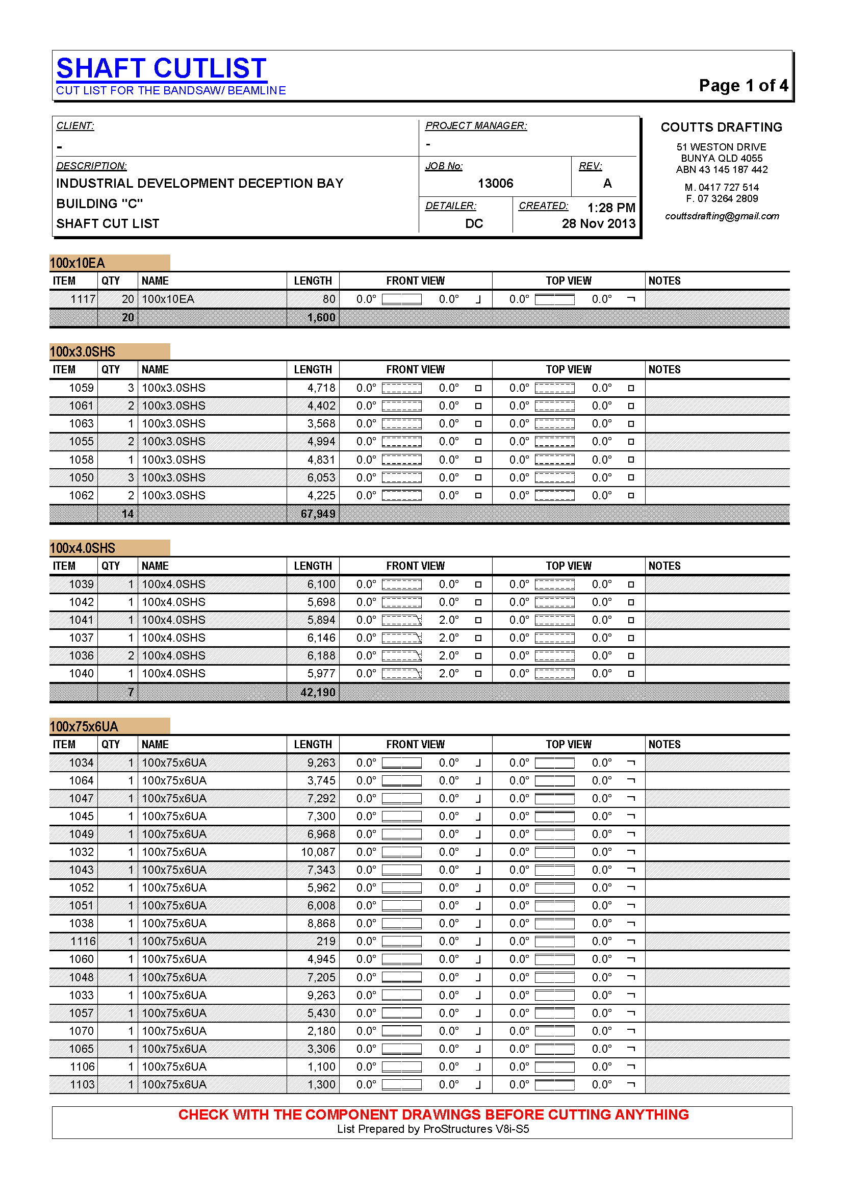 Shaft Cutting List - Coutts Drafting