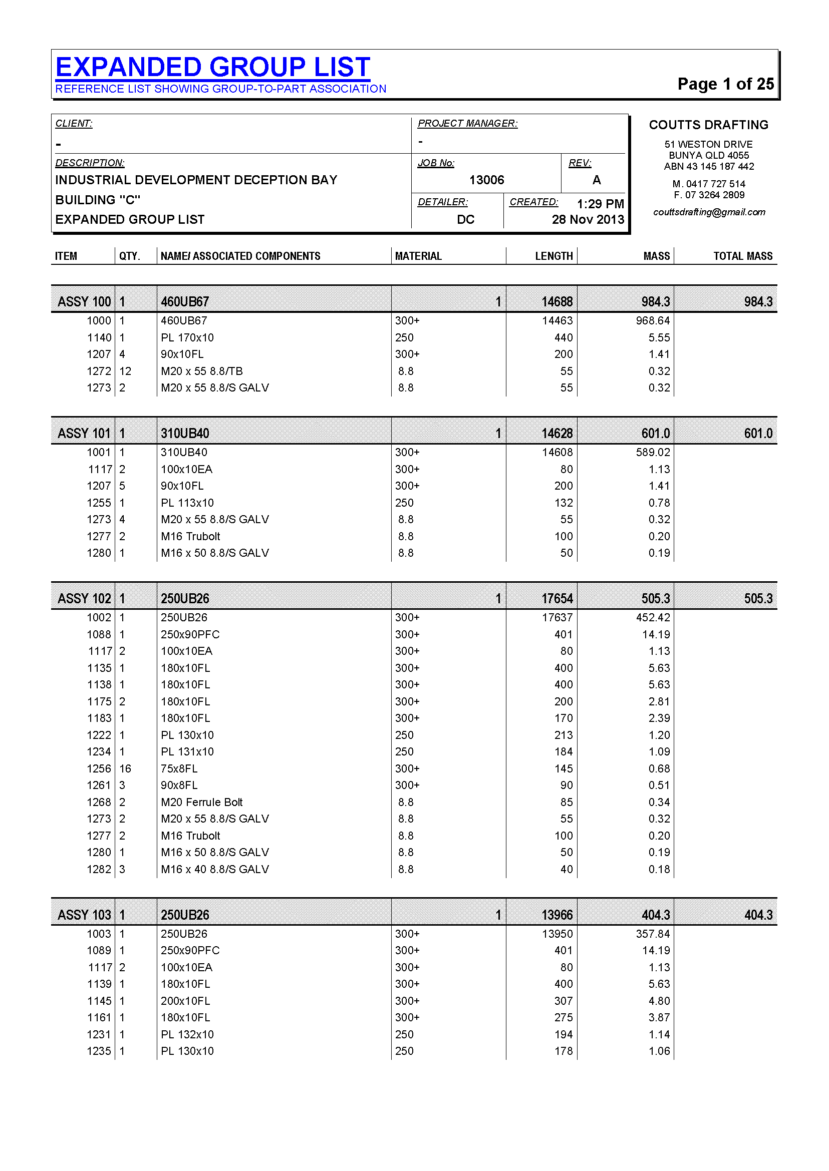 Assembly List - Coutts Drafting