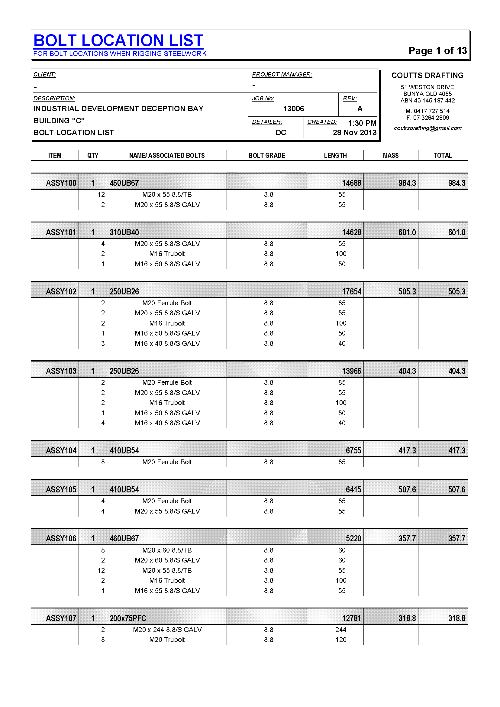 Bolt Location List - Coutts Drafting