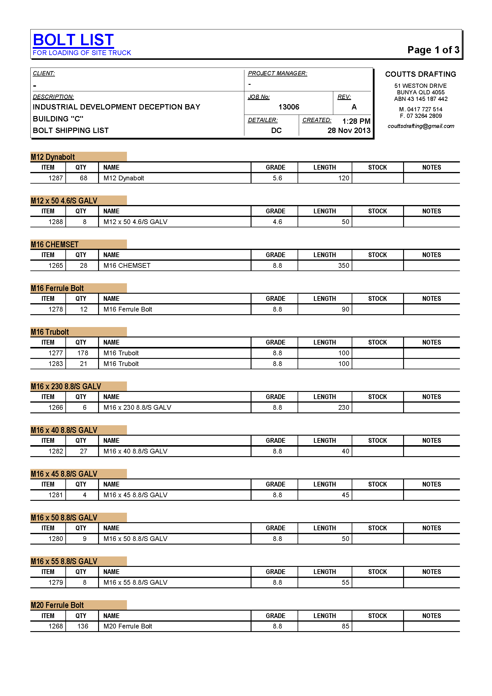 Bolt Ordering List - Coutts Drafting