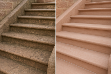 Aérogommage d'escalier en grès de Vosges