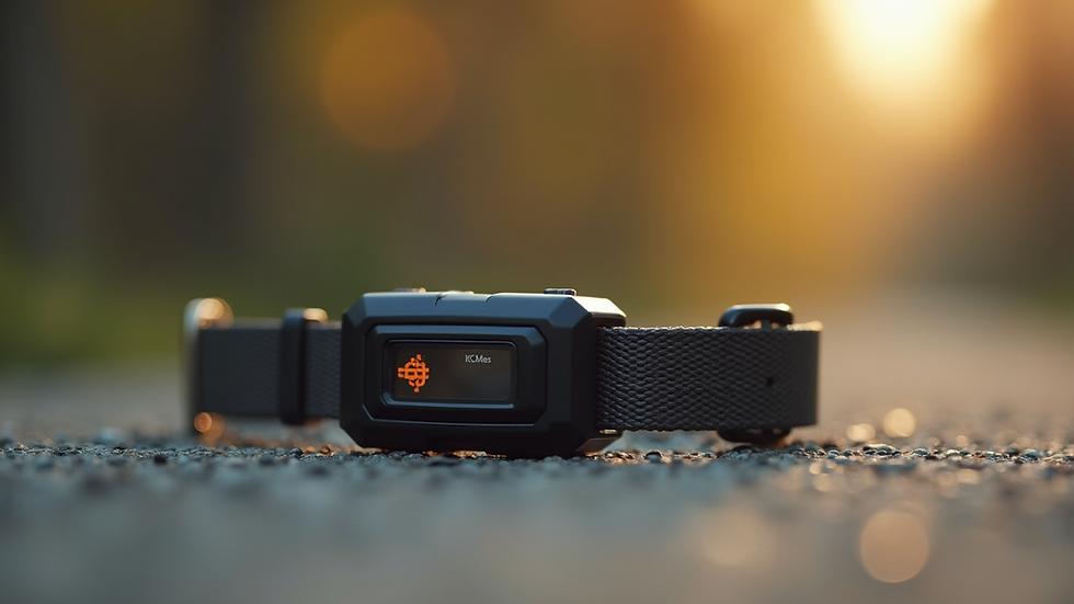 Eye-level view of a small GPS tracker attached to a pet collar