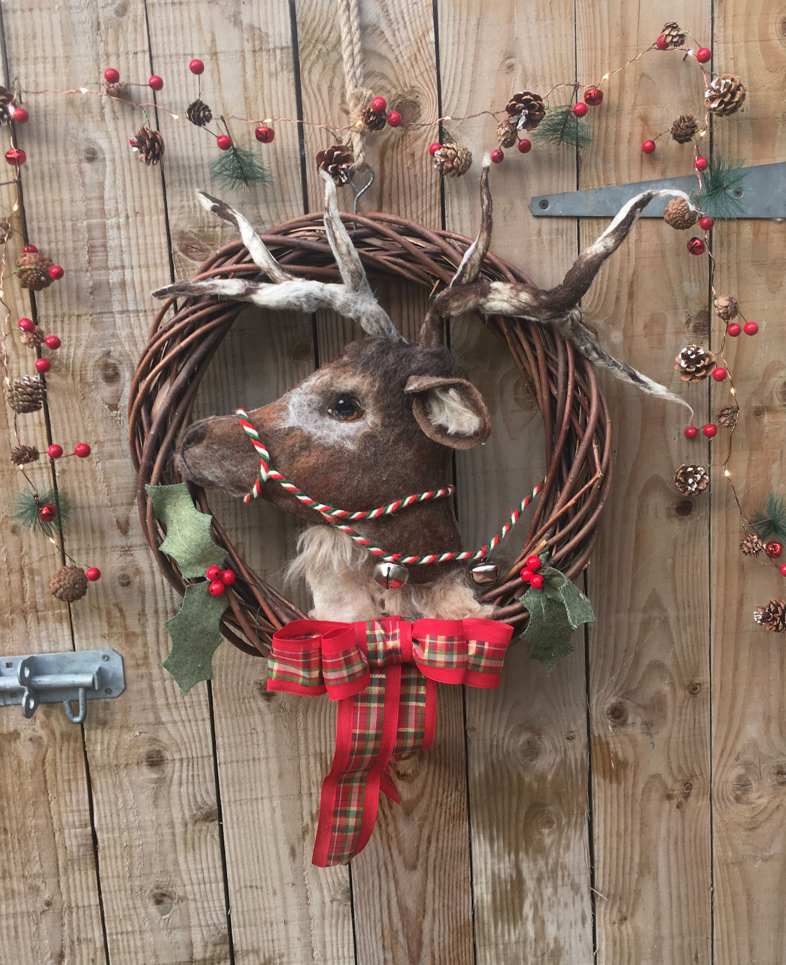 Large Felted Deer Wreath, Winter woodland themed door decor