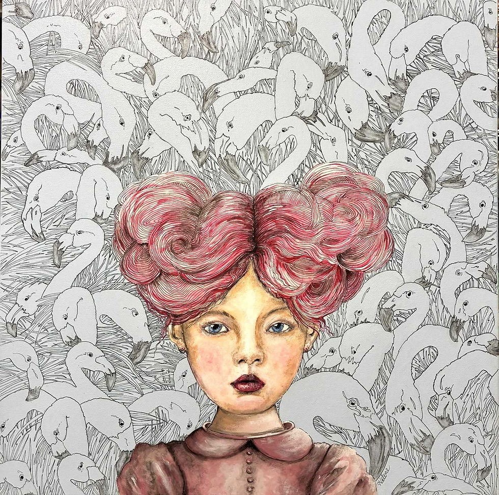 "Fiona's Flamingos"/20"x20"/latex &ink on canvas/ $365