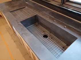 Integral Concrete Kitchen Sink with drain board, recessed edge to incorporate a wood cutting board
