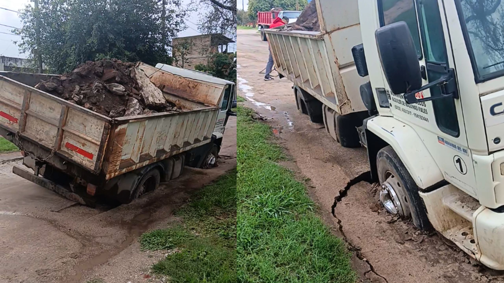 Lo que temían los vecinos pasó: un camión terminó hundido en plena calle