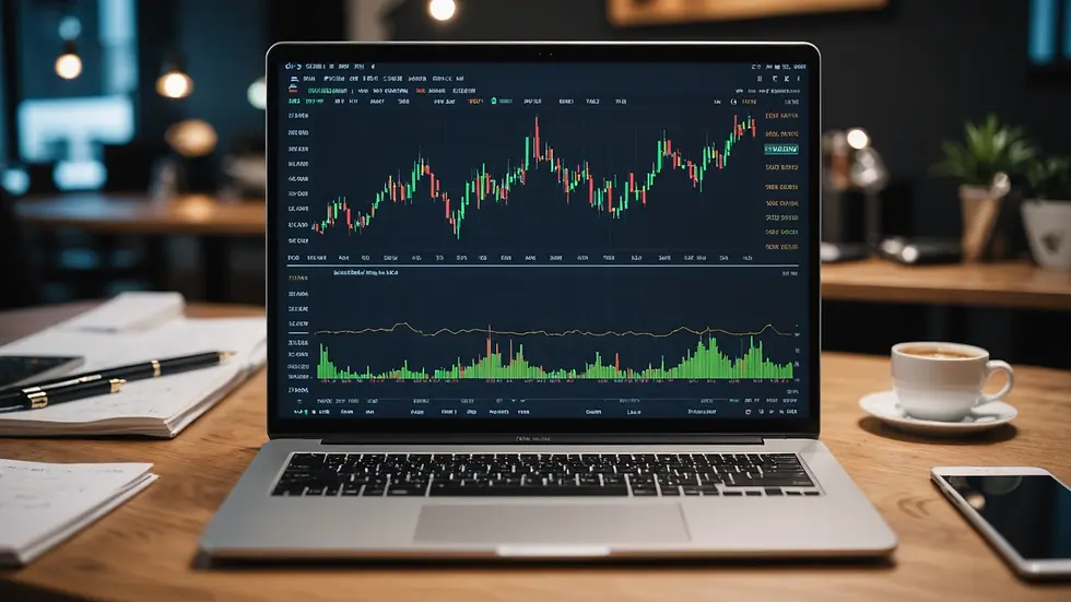 Eye-level view of a financial chart on a laptop displaying market trends
