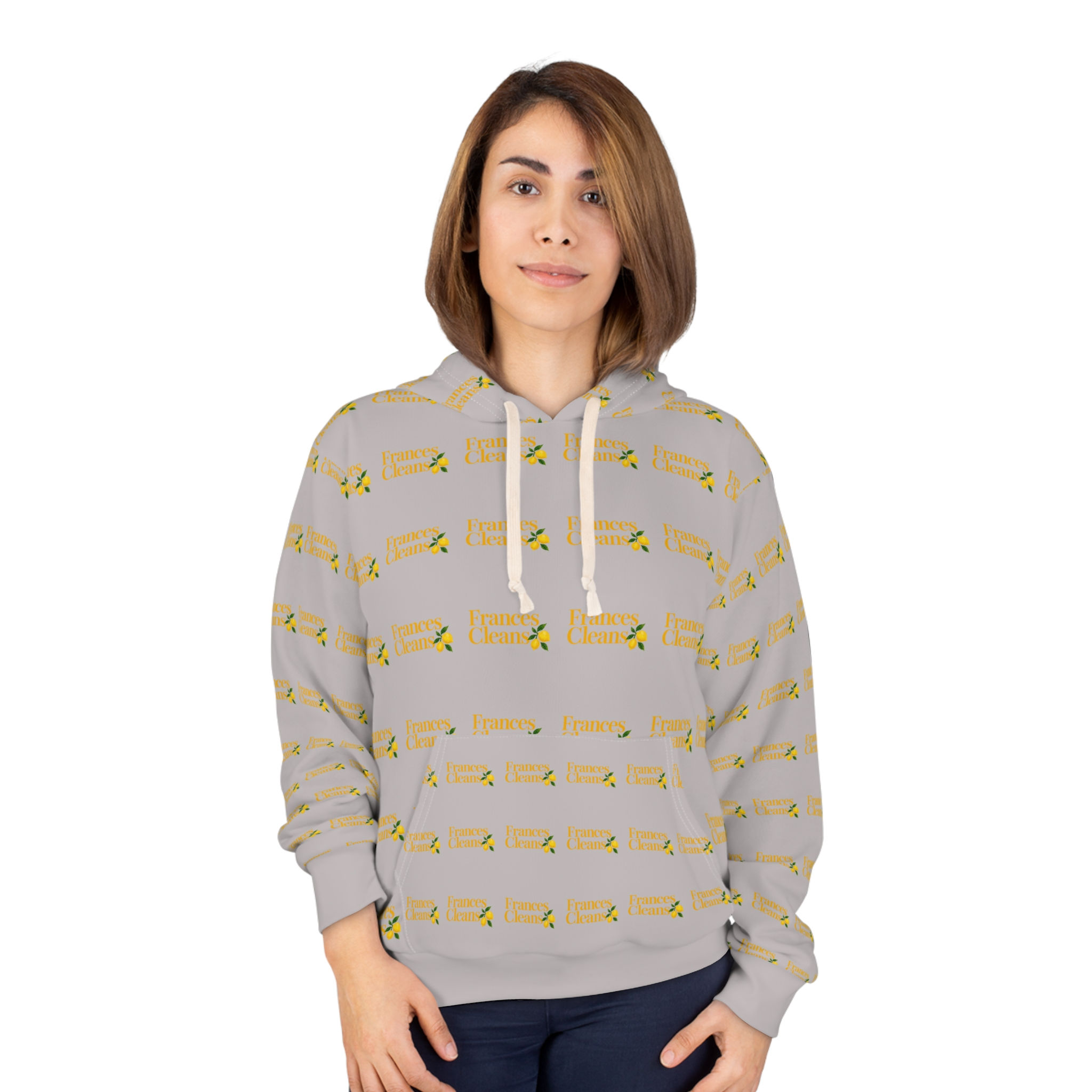 All-Over Print Logo Hoodie — Frances Cleans Branded Pullover with Bear Accent