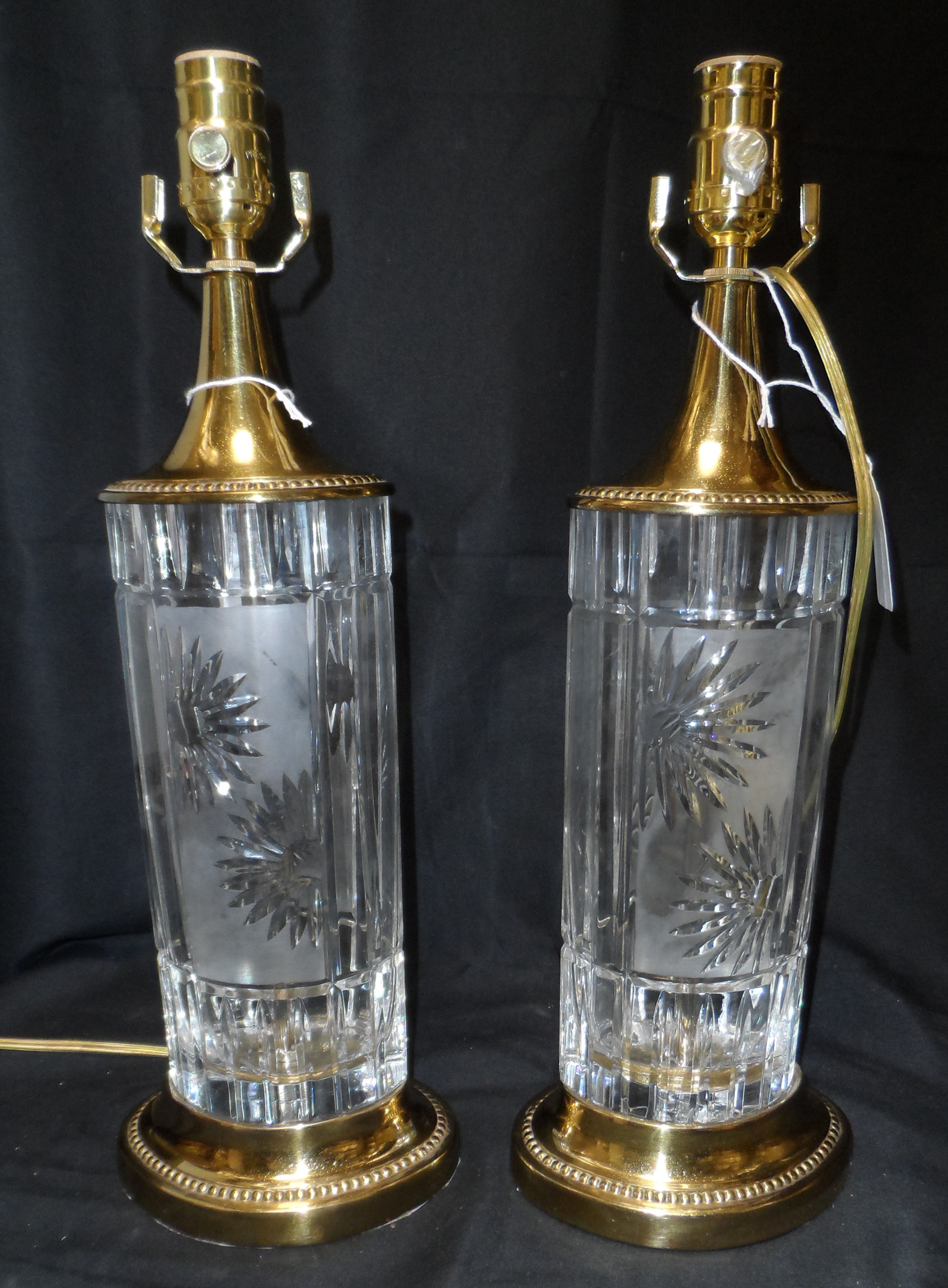Pair vintage Dresden cut crystal and brass table lamp with etched floral motifs.