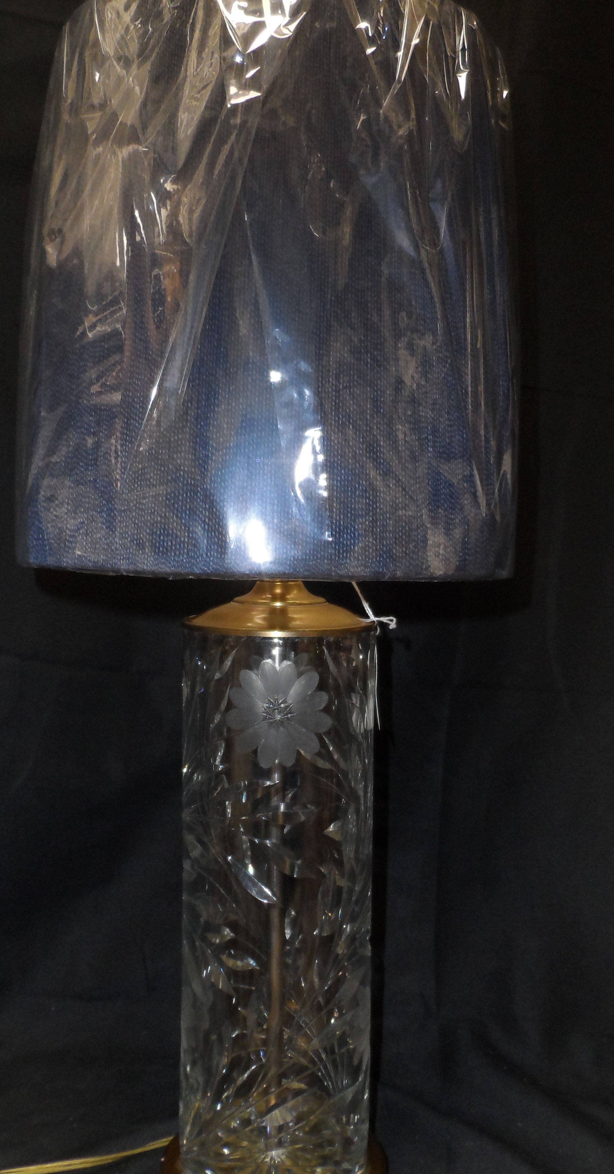 Vintage cut crystal cylinder table lamp with brass base and hardware