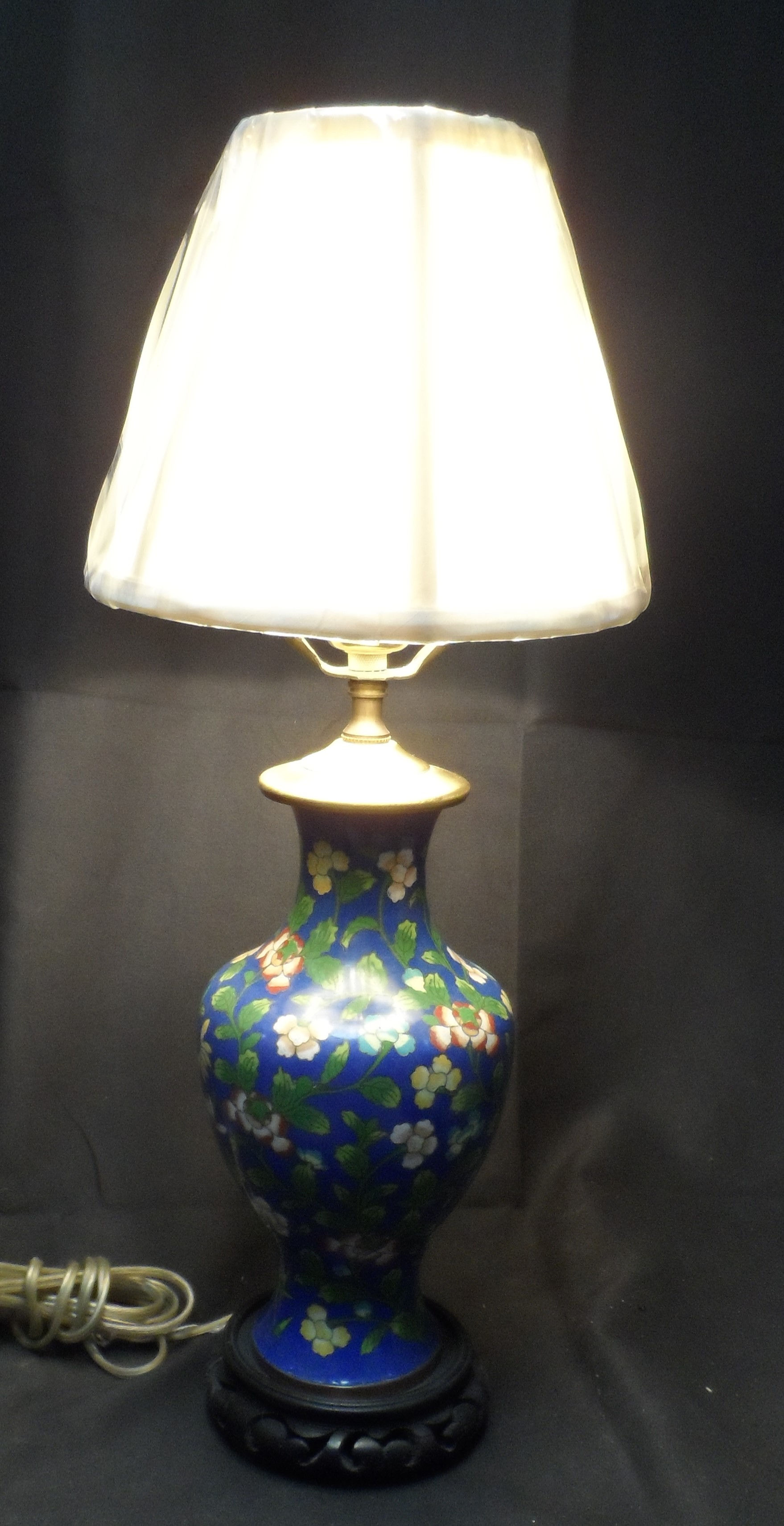 Chinese cloisonne vase table lamp with floral motifs and brass fittings.