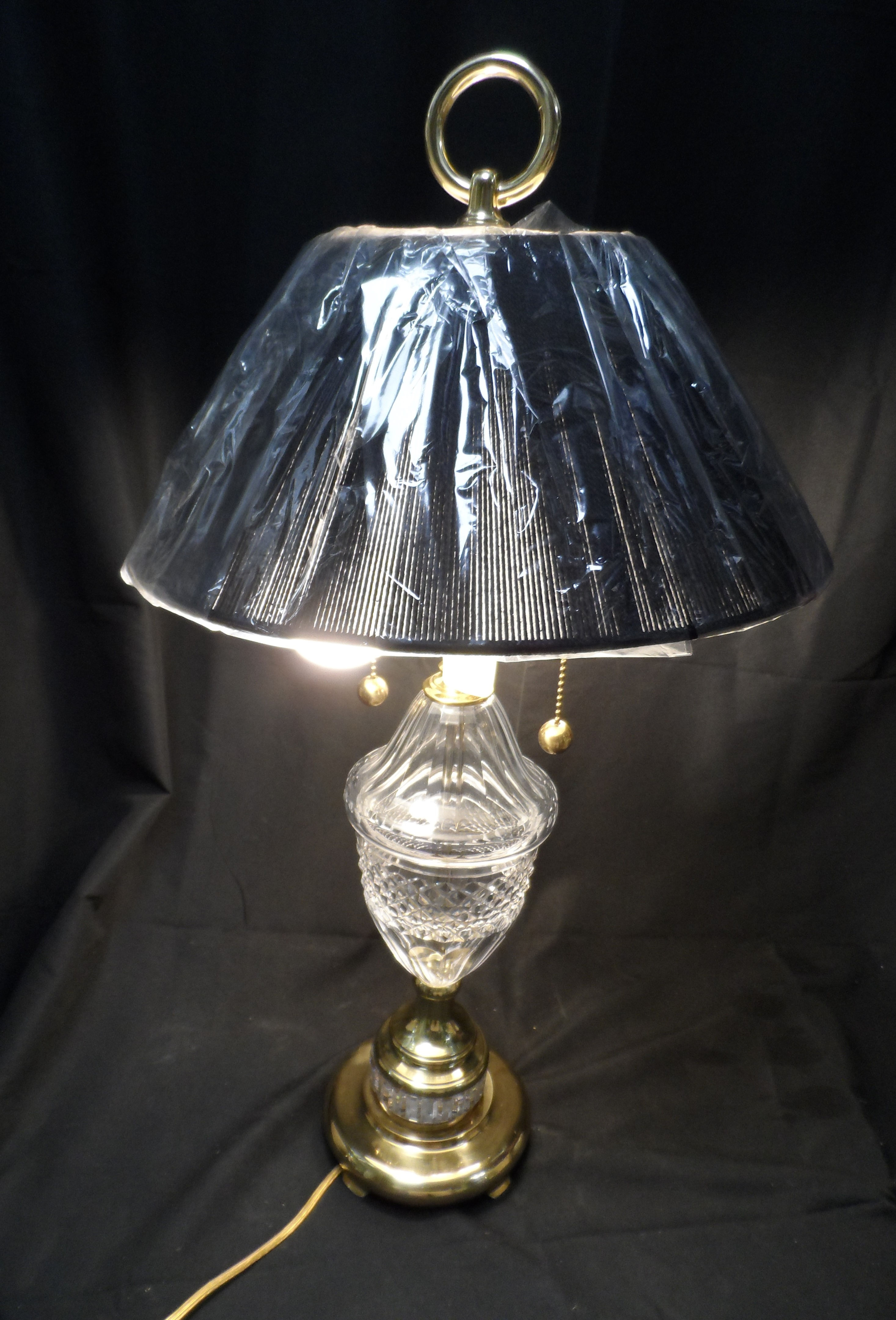 Vintage brass and cut glass table lamp with pull chains and double socket.