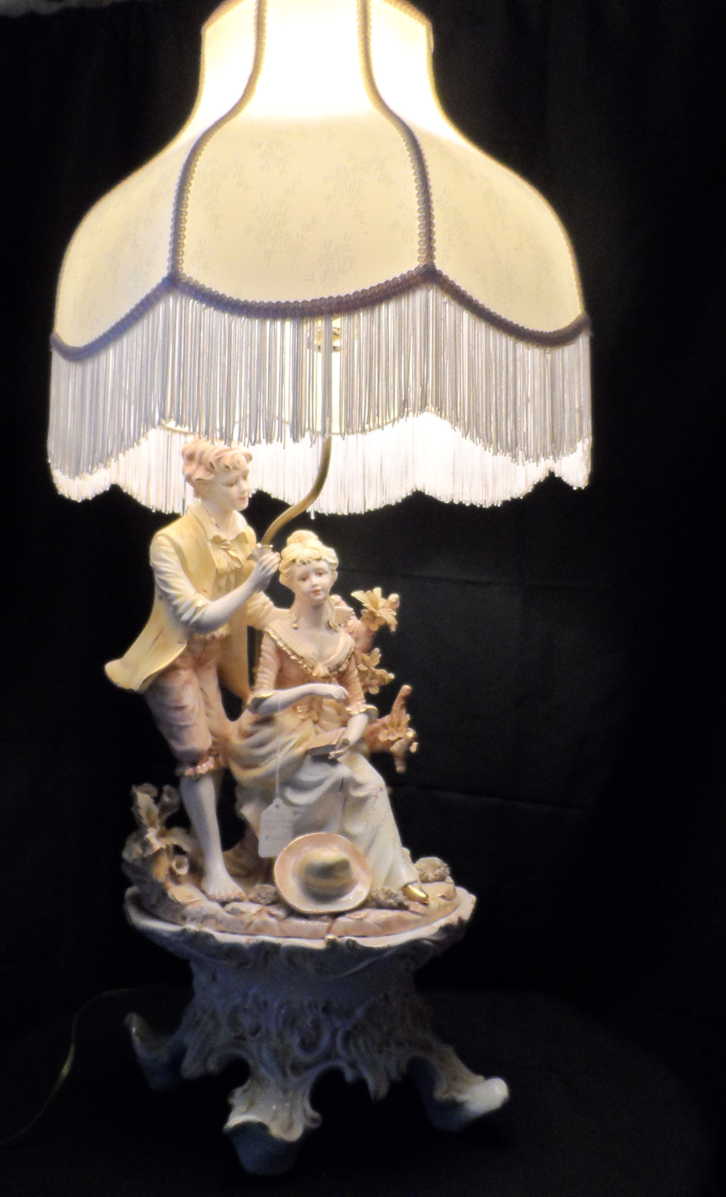 Ornate Capodimontestyle porcelain Table Lamp with Romantic Figurines.
