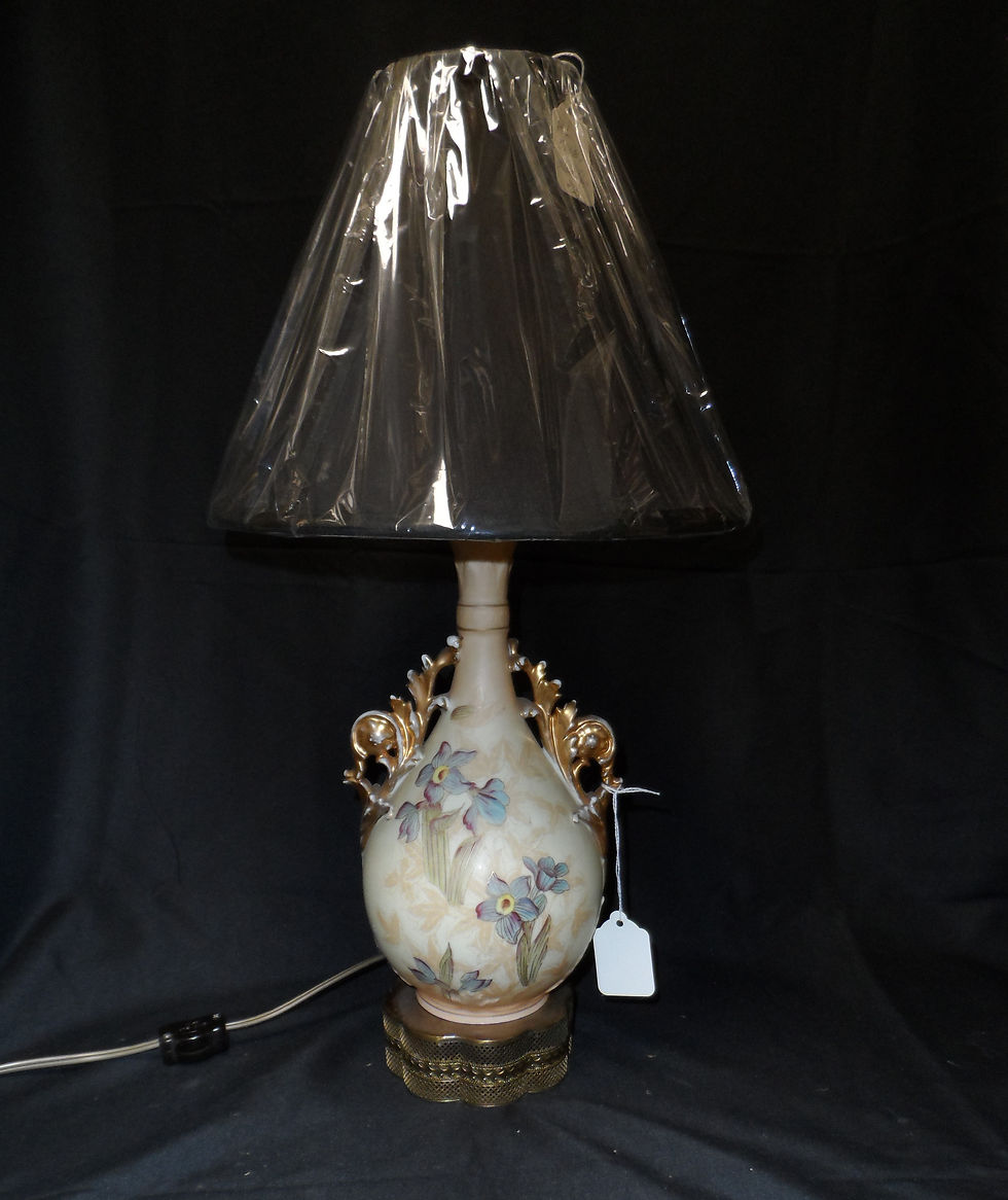 Thumbnail: Vintage German porcelain lamp with hand-painted flowers and ornate accents. 