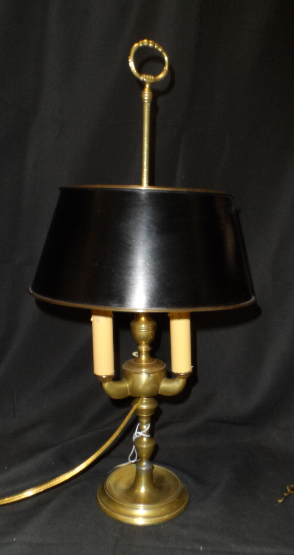 Thumbnail: Vintage brass Bouillotte-style table lamp with 3 arms and a dark shade. 