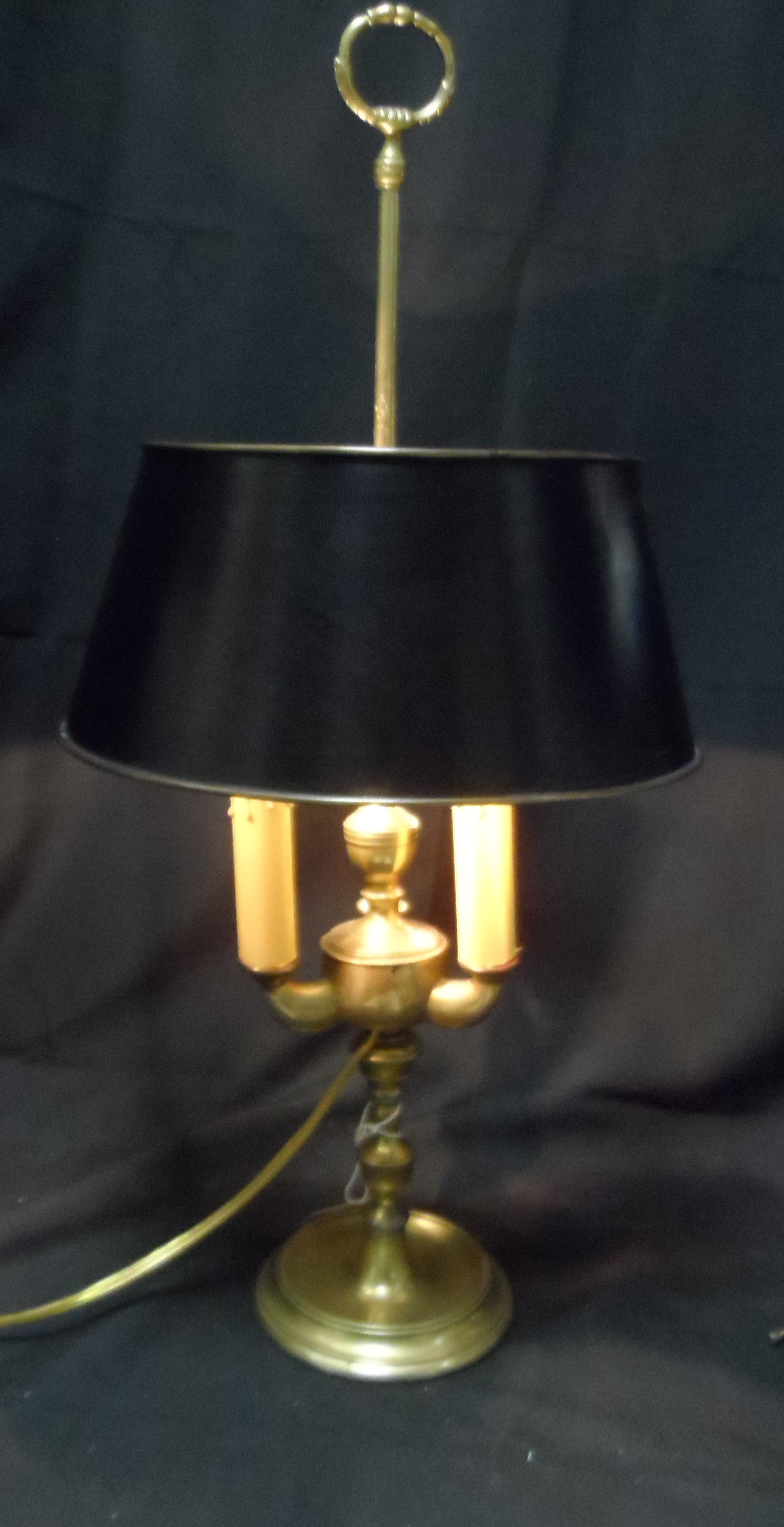 Vintage brass Bouillotte-style table lamp with 3 arms and a dark shade.