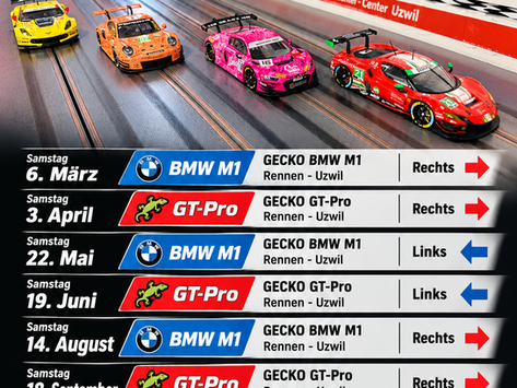 Hier kommt das Jahres -Programm 2027 zur 5. Internationalen Kombi "GECKO GT-Pro & BMW M1 Meisterschaft 2027" organisiert vom Renncenter Uzwil