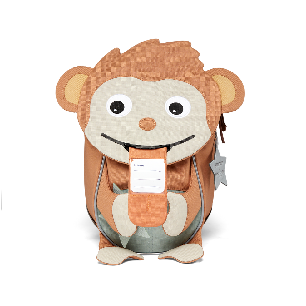 Affe Gesicht Zunge Rucksack braun und grau Ansicht vorn