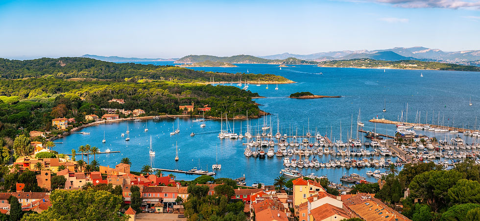 Panoramic view of the port of Porquerolles Island, from Fort Sainte Agathe, in the Port Cr