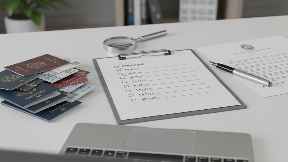 Close-up view of a checklist with documents and a pen on a desk