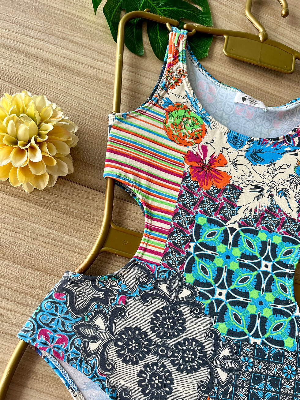 Blue floral print swimsuit for young girls on hanger