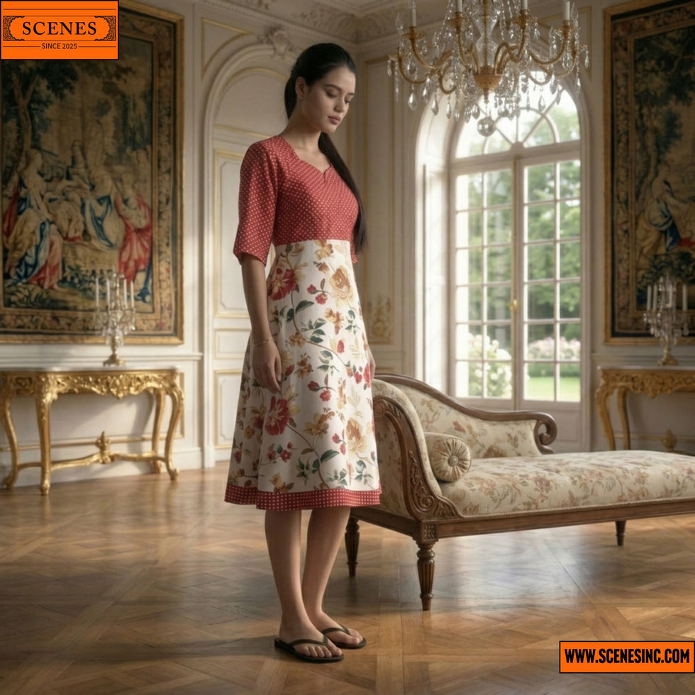 The model displays a white and pink floral dress, characterized by its bright colors and intricate floral design.