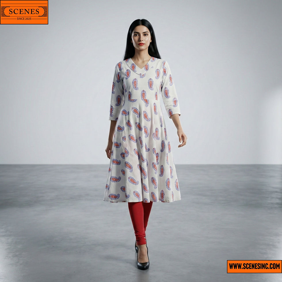 A model showcases a white and red printed kurta, featuring intricate patterns and a stylish design.