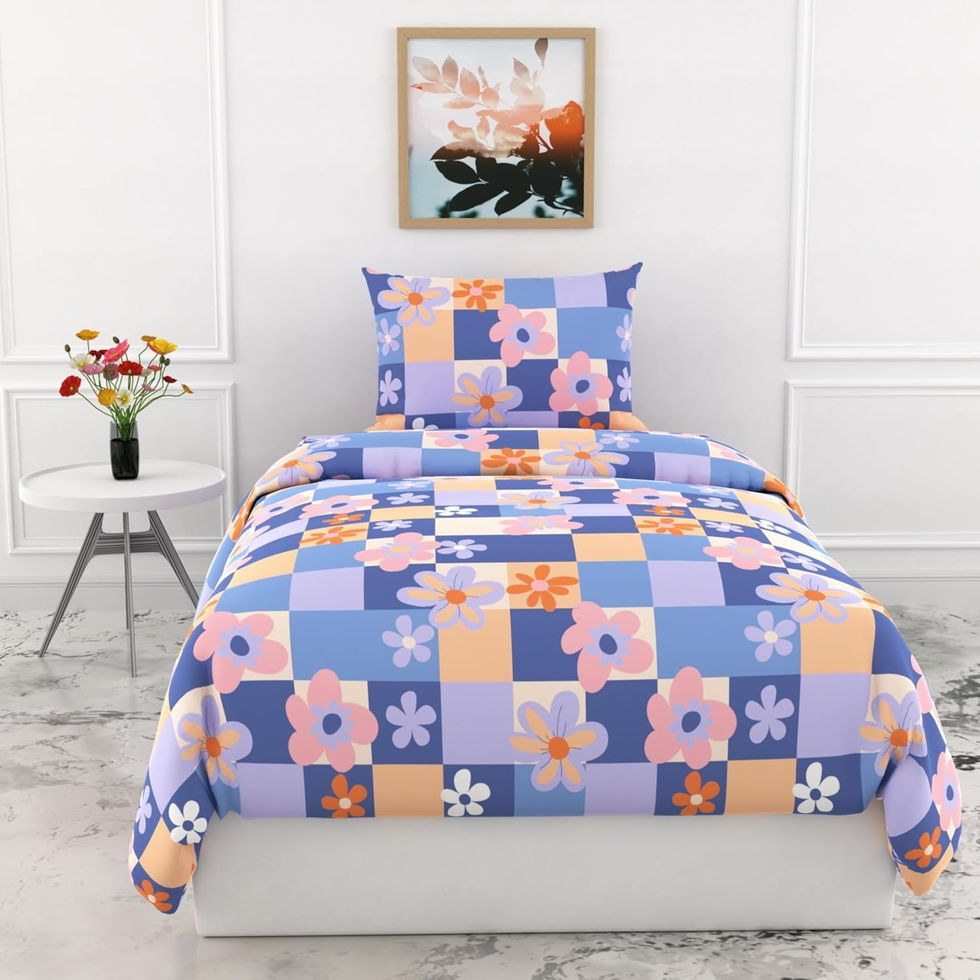 display shot of Loreto 100% Cotton Pastel Floral-Checkered Single Bed Bedsheet Set