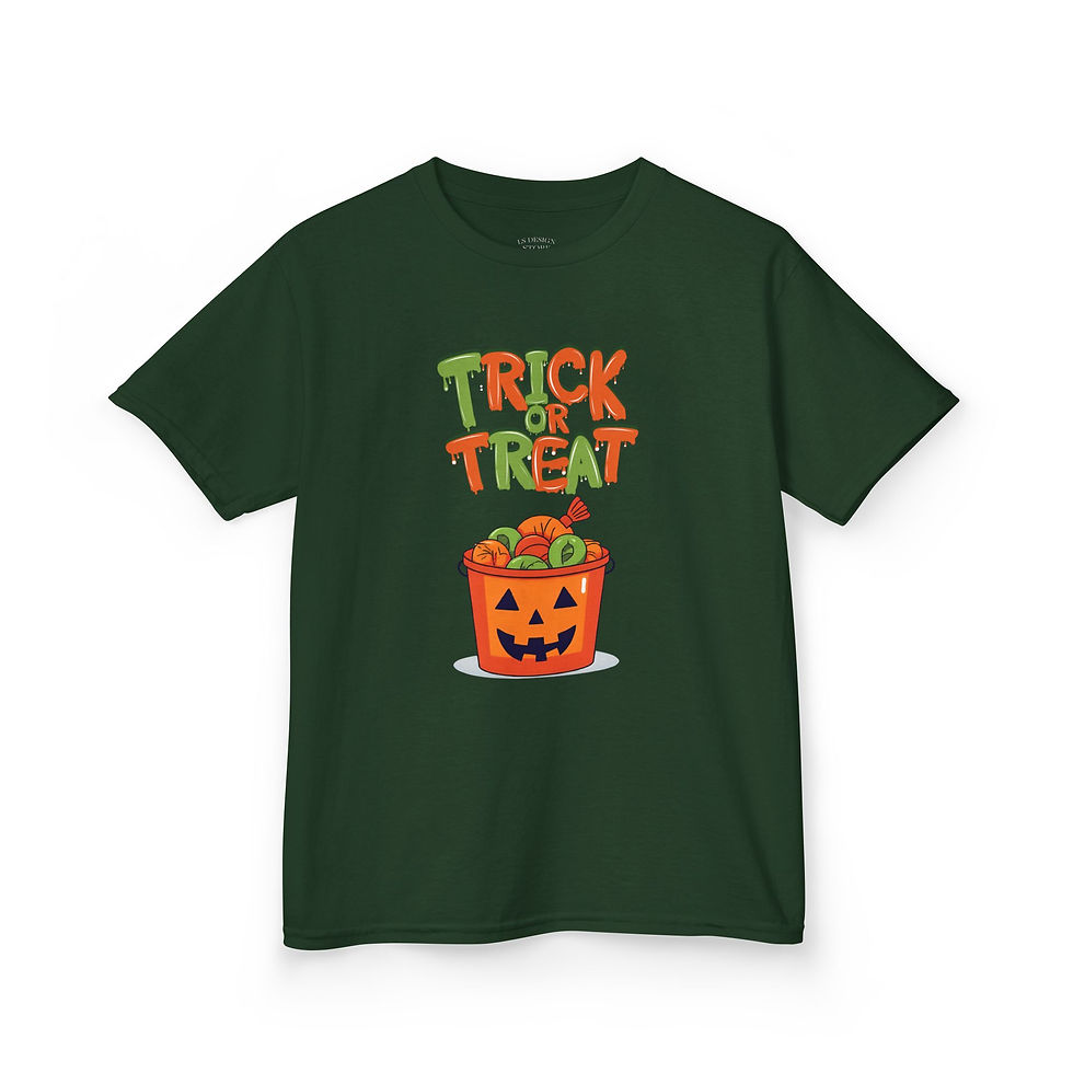 Thumbnail: Halloween Kids Tee - Trick or Treat Pumpkin Design, Kids Halloween Shirt