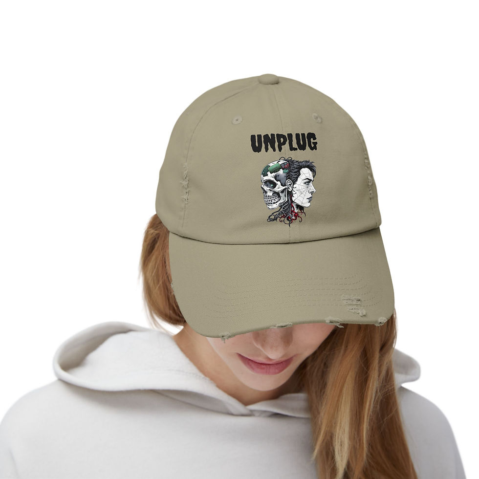 Thumbnail: Unisex Distressed Cap - 'Unplug' Skull & Face Design