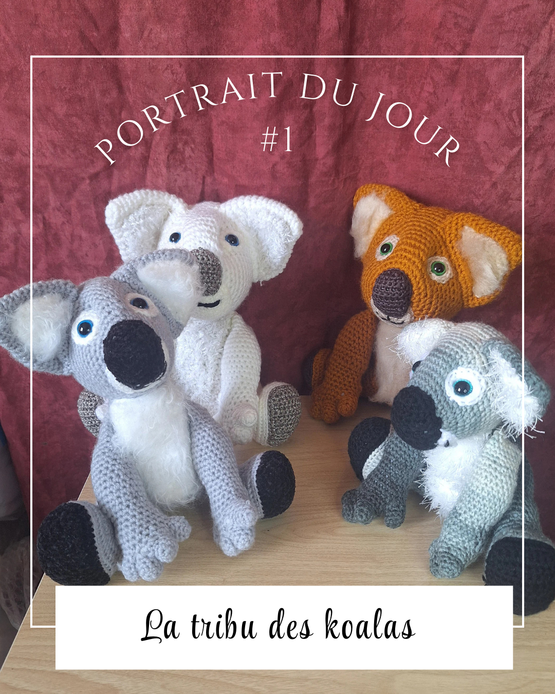Ensemble des koalas au crochet, présentation des divers coloris, de face