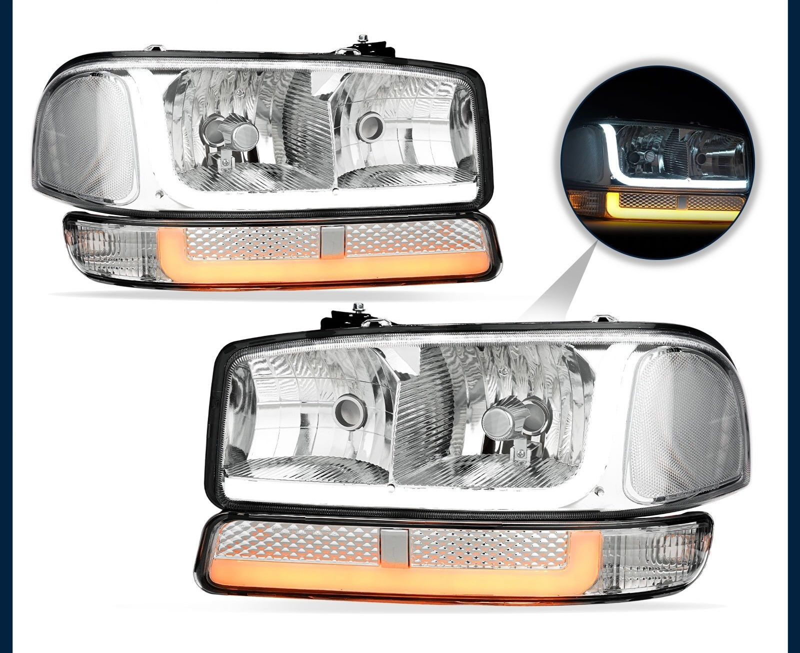 1999-2007 GMC Yukon Double L Bar Chrome Headlights