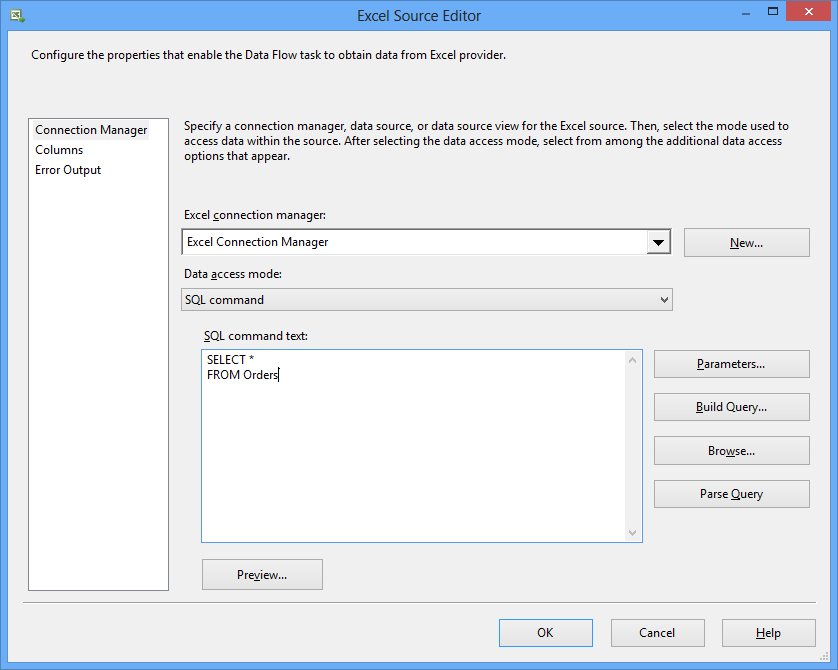 Excel Source Editor - SQL Command