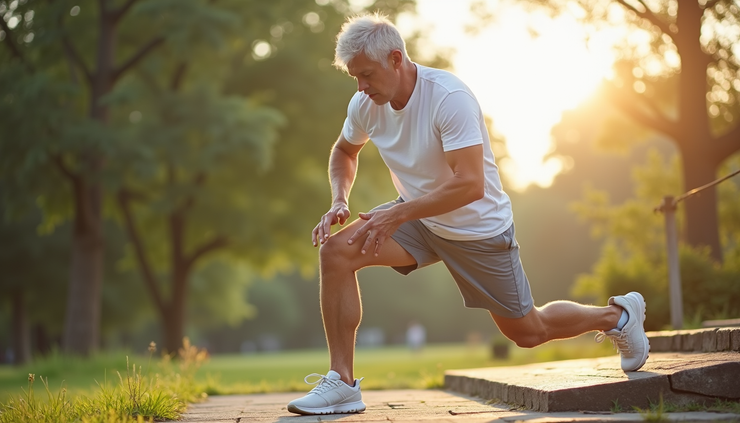Close-up view of a senior man doing step touches in a sunny park