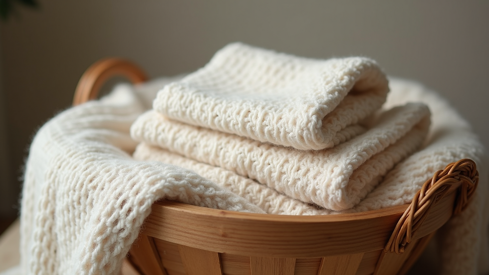 Close-up view of a wooden basket with soft blankets for baby photography