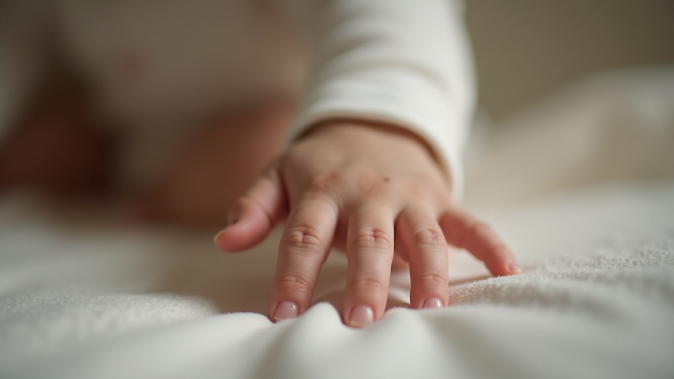 Close-up view of a baby’s tiny hand reaching out during a photoshoot
