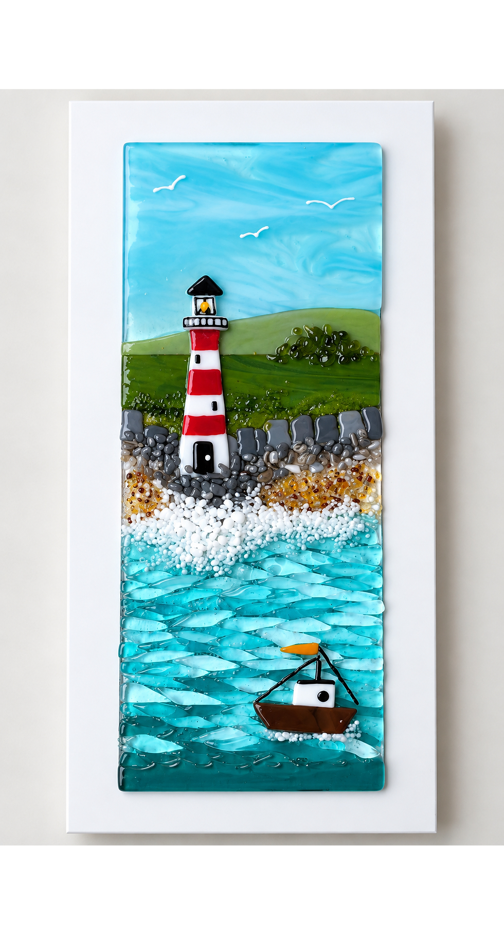 Fused glass coastal artwork with red and white lighthouse, fishing boat, turquoise sea and pebble beach