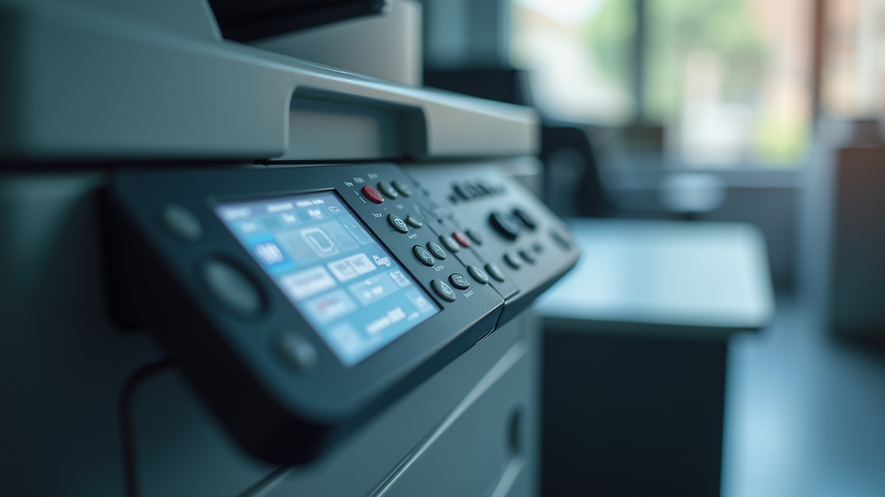 Close-up view of a business copier control panel with buttons and display