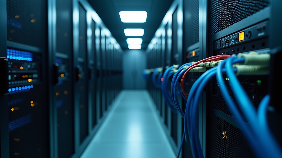 Eye-level view of a server room with network cables and equipment