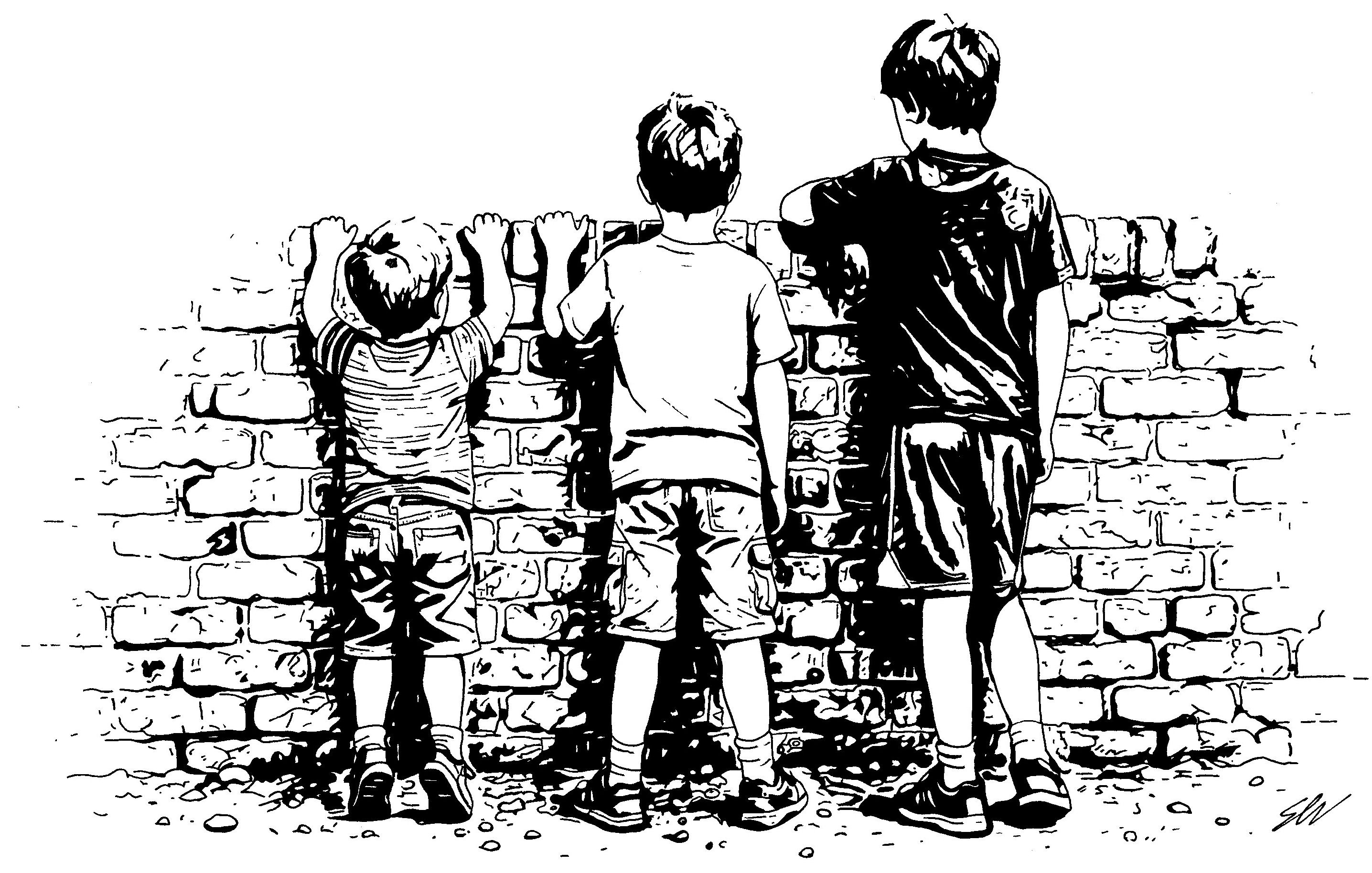 Boys Looking Over The Wall - Original Art Work