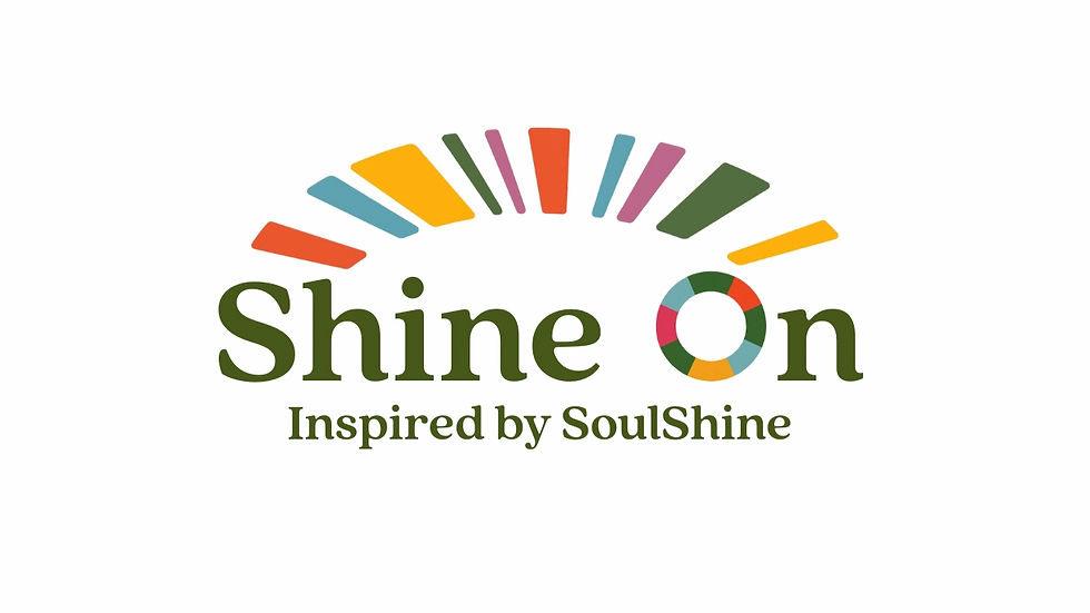 Colorful logo with curved bars above the text "Shine On," incorporating a multicolored "O." Text below reads "Inspired by SoulShine."