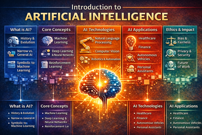 Learn the basics of Artificial Intelligence. Understand AI concepts, real-world applications, ethics, and tools in this beginner-friendly AI course.