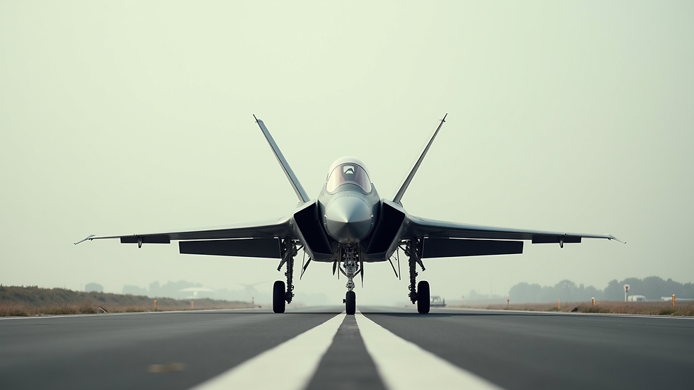 Eye-level view of a modern military aircraft on the runway