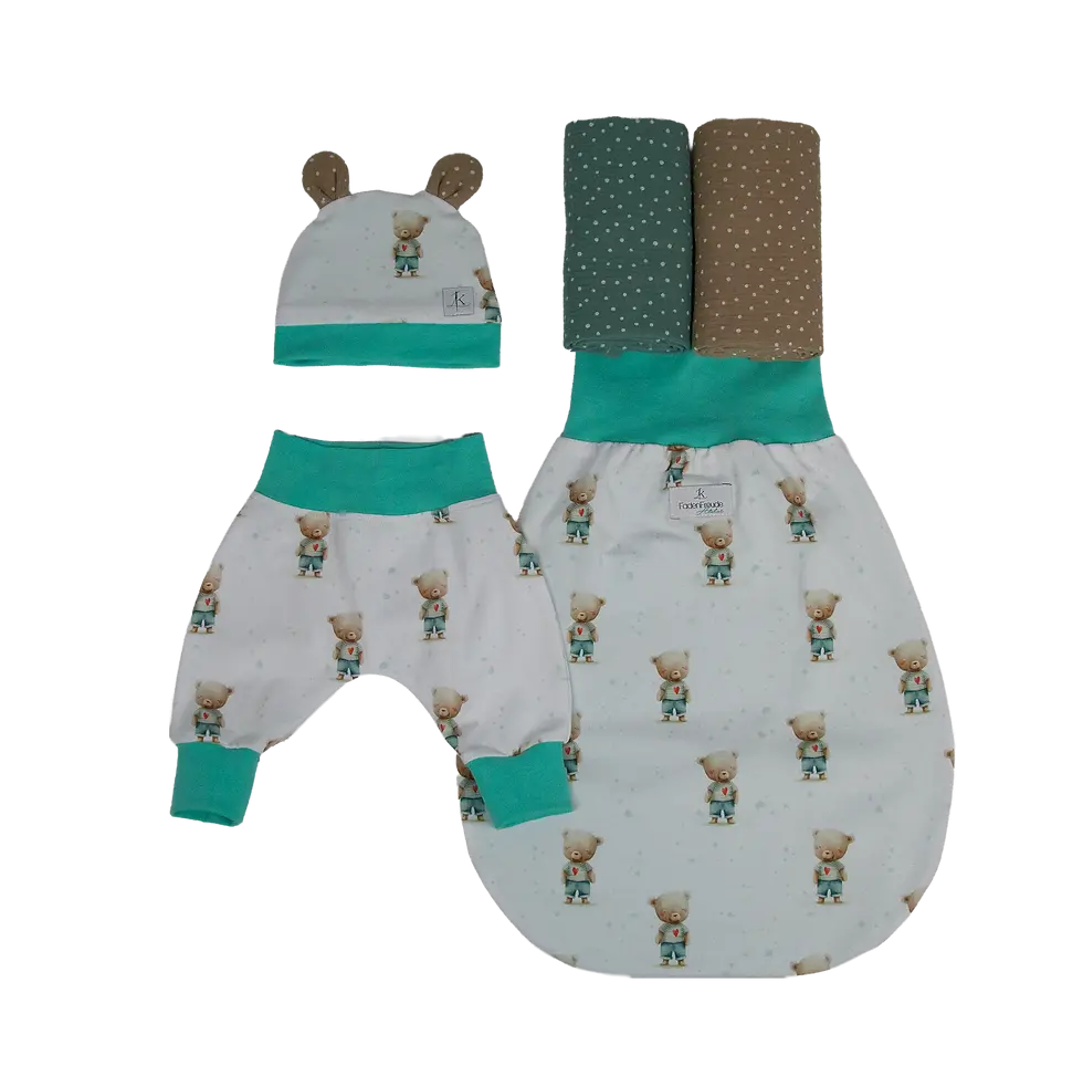 Miniaturbild: Set: Strampelsack, Ohrenmütze Pumphose, 2 Spucktücher mit Teddy