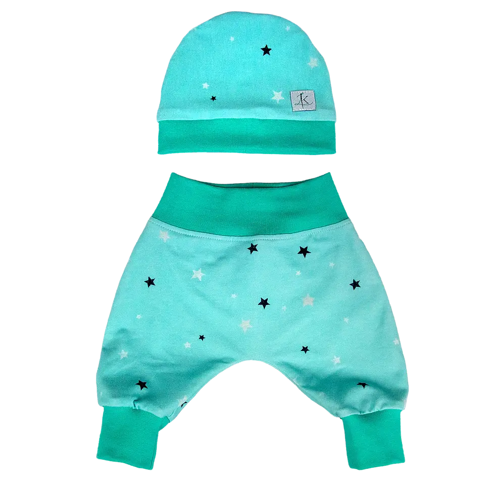 Miniaturbild: Pumphose mit Mütze Sterne türkis