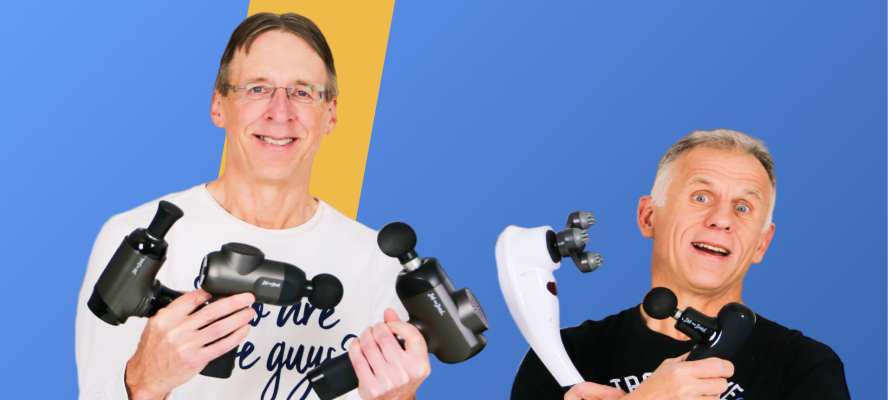 Bob and Brad holding exercise and recovery tools