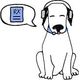 Dog with a headset saying "RX medication"