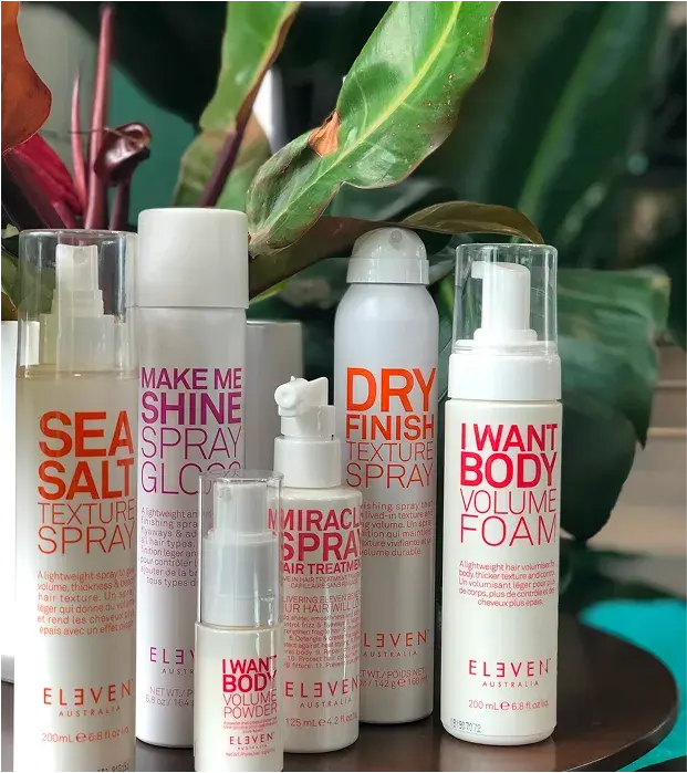 Eleven Australia hair products: Sea Salt Texture Spray, Shine Glo Spray, Dry Finish Texture Spray, Miracle Spray, I Want Body Volume Foam